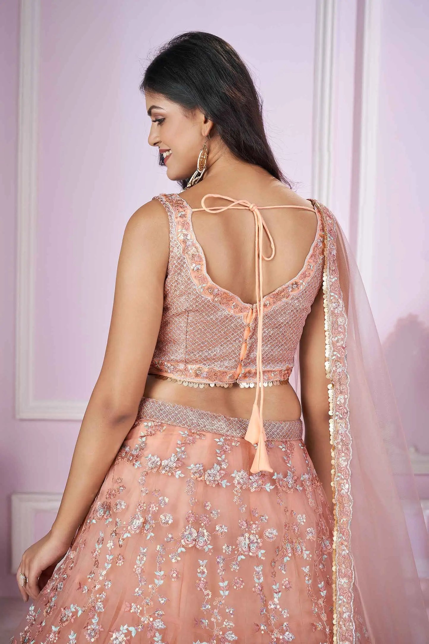 Peach pink soft net lehenga with sequin, thread, badla and zari embroidery PRISHA COLLECTION