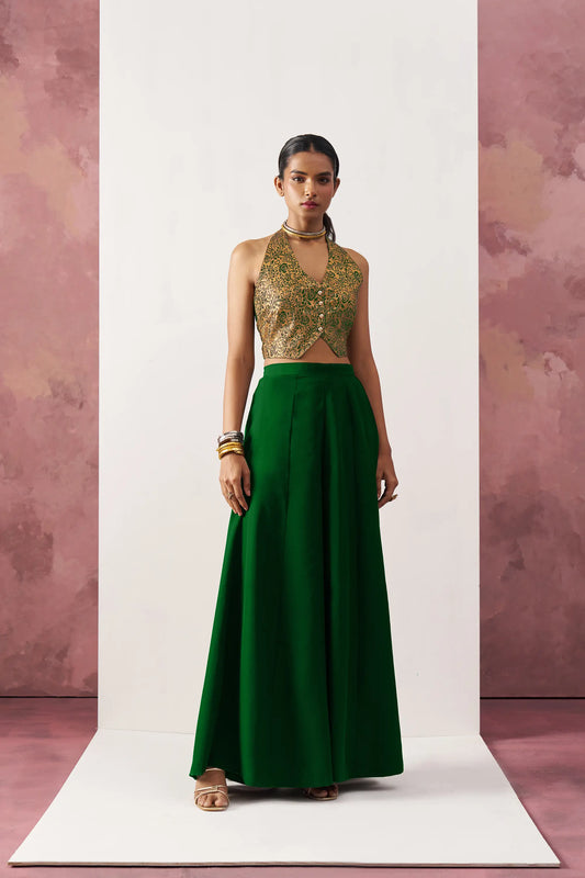 Gilet en jacquard vert et ensemble coordonné indo-occidental avec palazzo