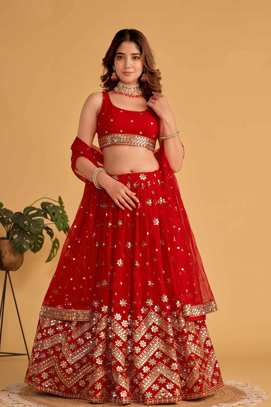 Lehenga rouge en georgette avec broderies de sequins et zari