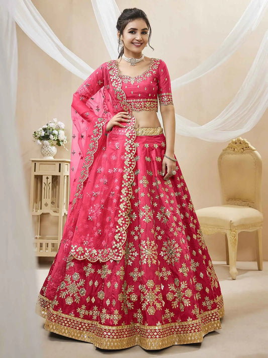 Lehenga rose en soie artificielle avec broderies sequins et zari