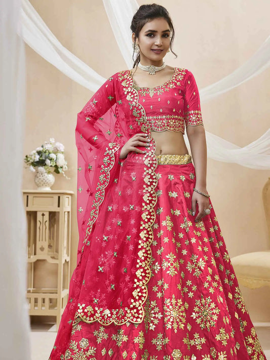 Lehenga rose en soie artificielle avec broderies sequins et zari