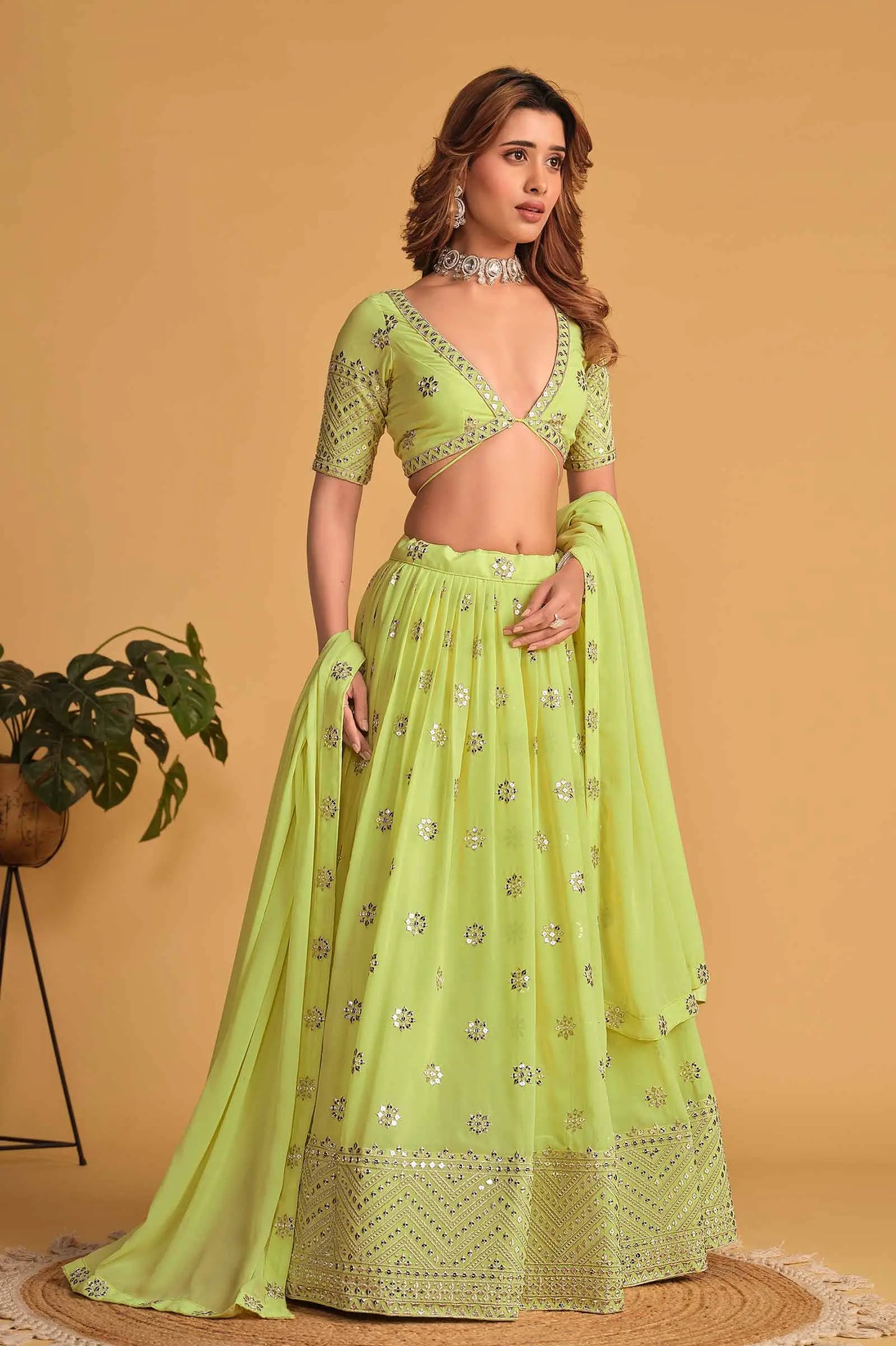 Neon green georgette lehenga with sequin and zari embroidery