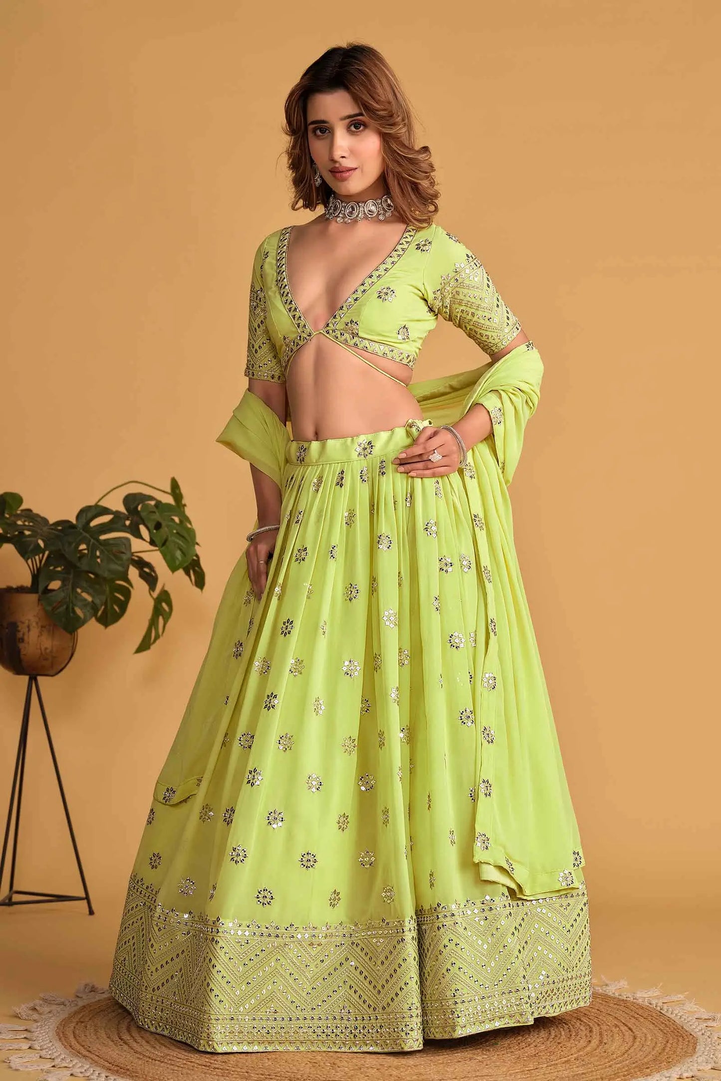 Neon green georgette lehenga with sequin and zari embroidery