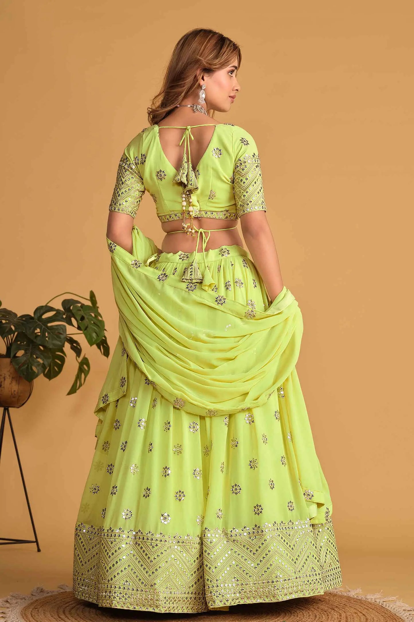 Neon green georgette lehenga with sequin and zari embroidery