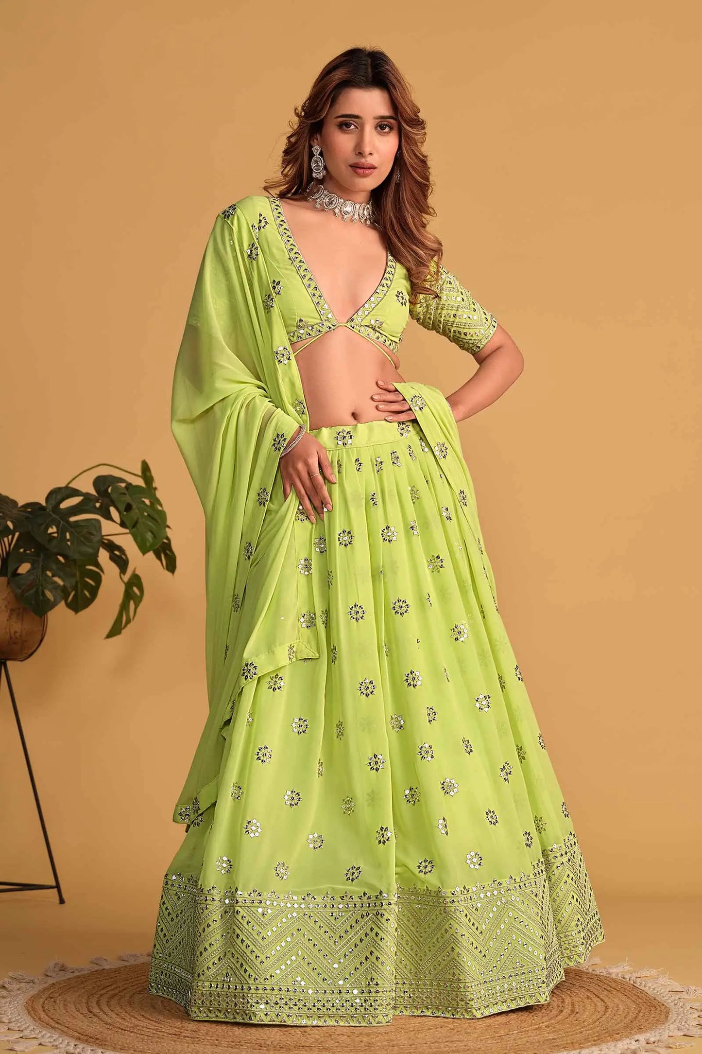 Neon green georgette lehenga with sequin and zari embroidery