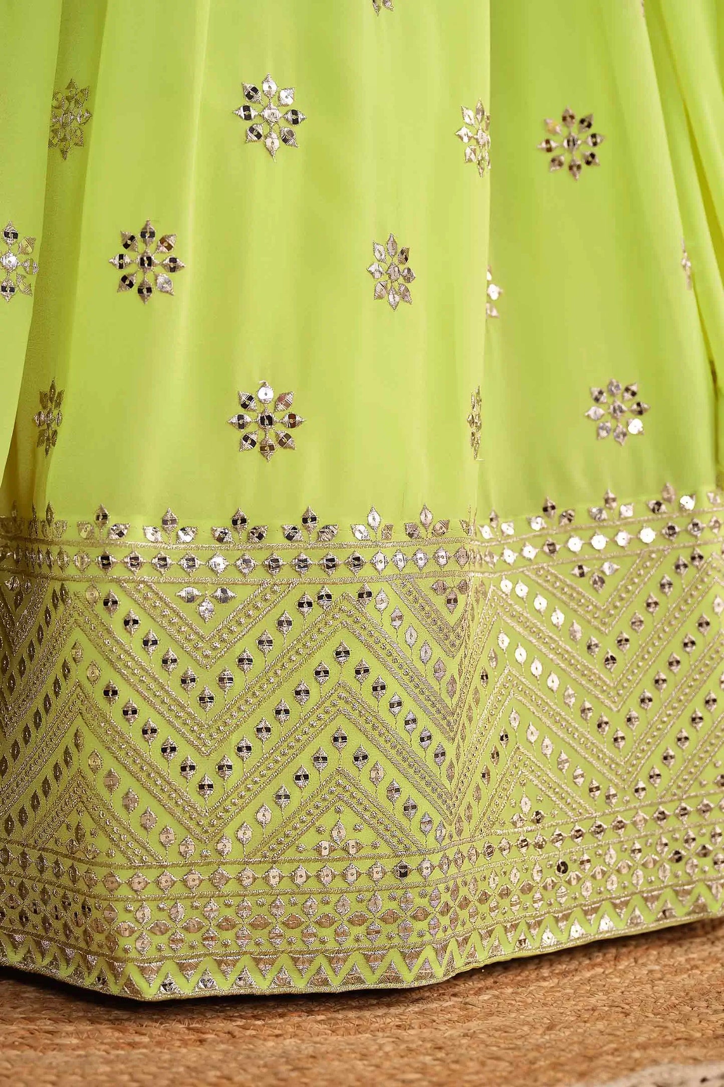 Neon green georgette lehenga with sequin and zari embroidery