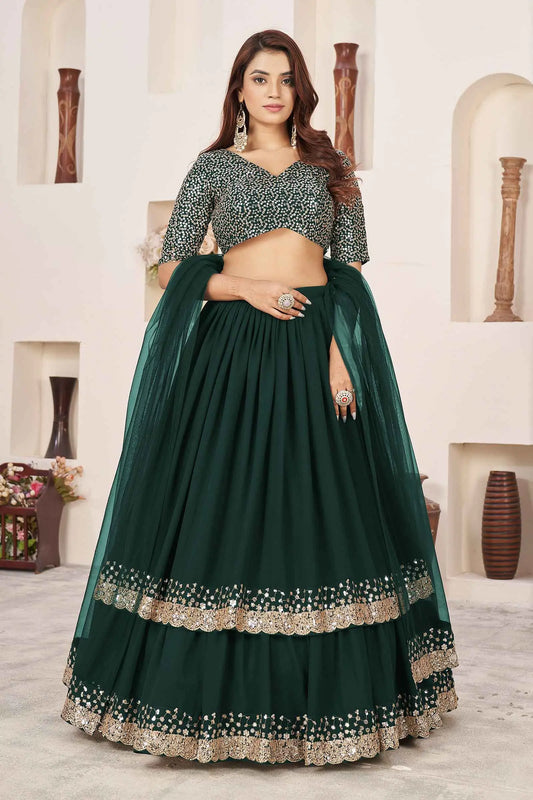 Lehenga Designer Vert en Georgette avec Broderie Sequins et Zari