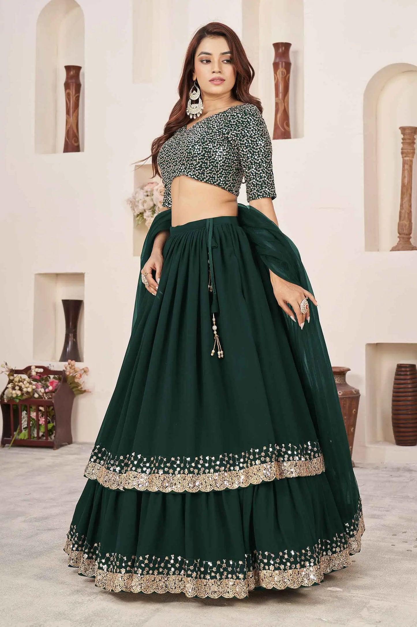 Lehenga Designer Vert en Georgette avec Broderie Sequins et Zari