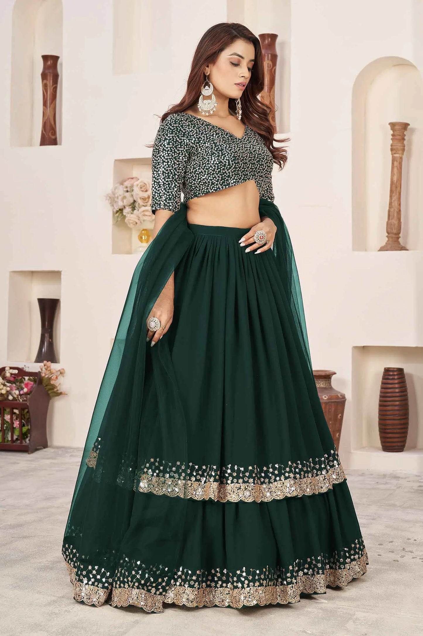 Lehenga Designer Vert en Georgette avec Broderie Sequins et Zari