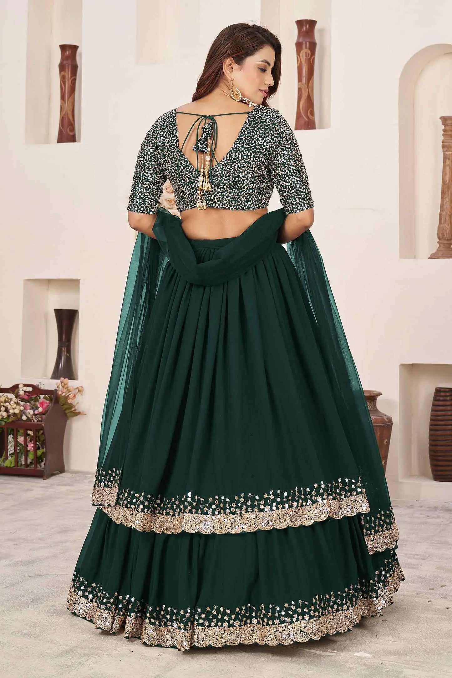Lehenga Designer Vert en Georgette avec Broderie Sequins et Zari