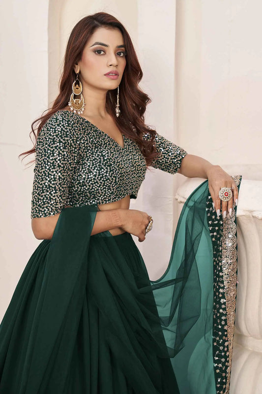 Lehenga Designer Vert en Georgette avec Broderie Sequins et Zari