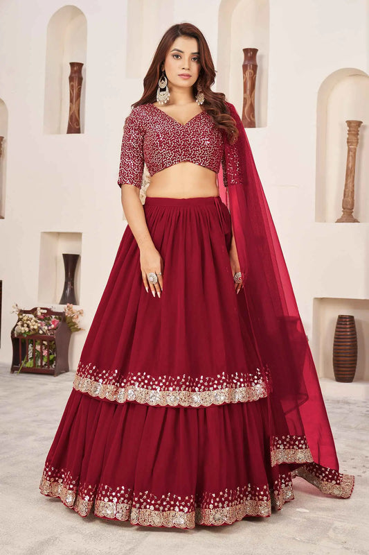 Lehenga Designer Rouge en Georgette avec Broderie Sequins et Zari