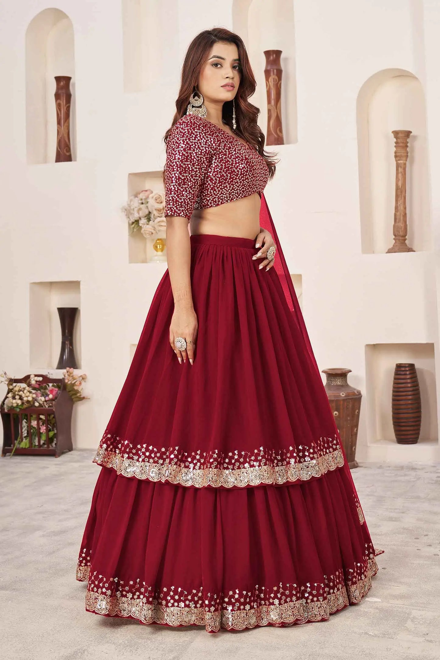 Lehenga Designer Rouge en Georgette avec Broderie Sequins et Zari