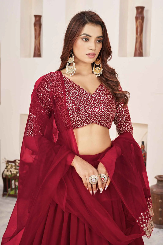 Lehenga Designer Rouge en Georgette avec Broderie Sequins et Zari
