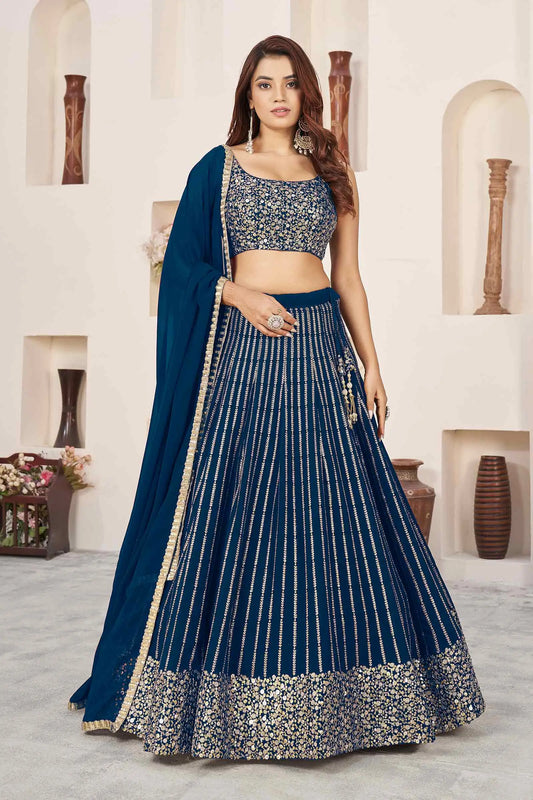 Lehenga Bleu de Prusse en georgette avec broderies de sequins et zari