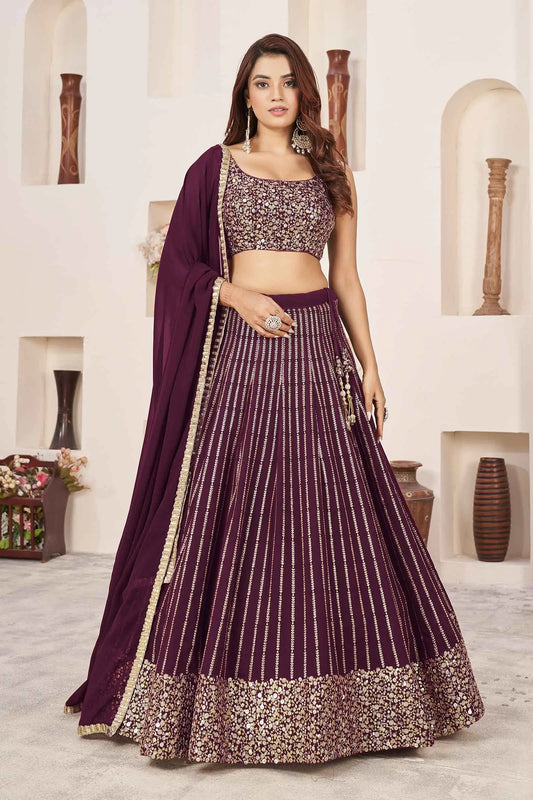 Lehenga Choli en Georgette Bordeaux avec Broderies Sequins et Zari