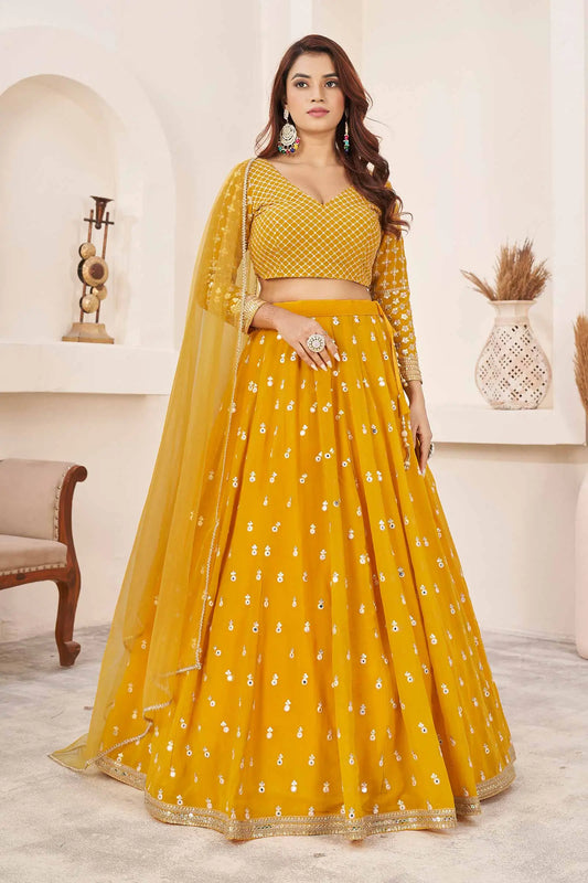 Lehenga Choli en Georgette Jaune avec Fils Multicolores et Broderies à Sequins