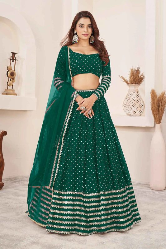 Lehenga vert-bleu foncé en georgette avec broderies en sequins et fils zari