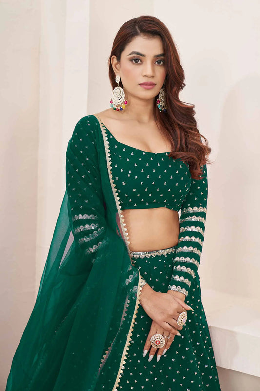 Lehenga vert-bleu foncé en georgette avec broderies en sequins et fils zari