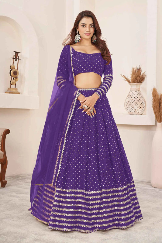 Lehenga choli violet en georgette avec broderies en sequins et fils zari