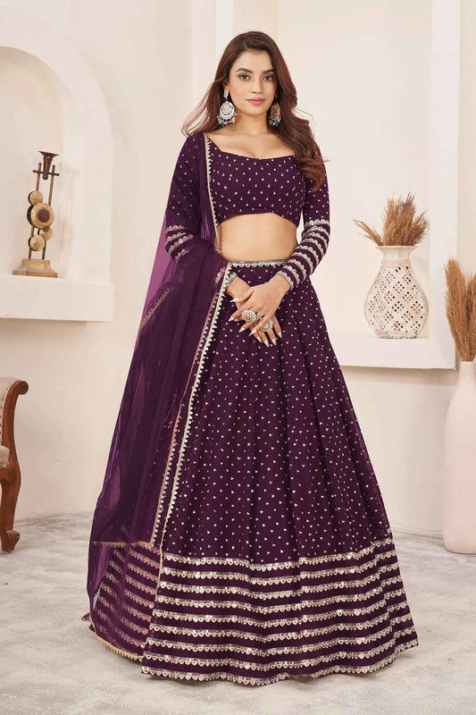 Lehenga Choli en Georgette violet foncé avec Broderies Zari et Sequins