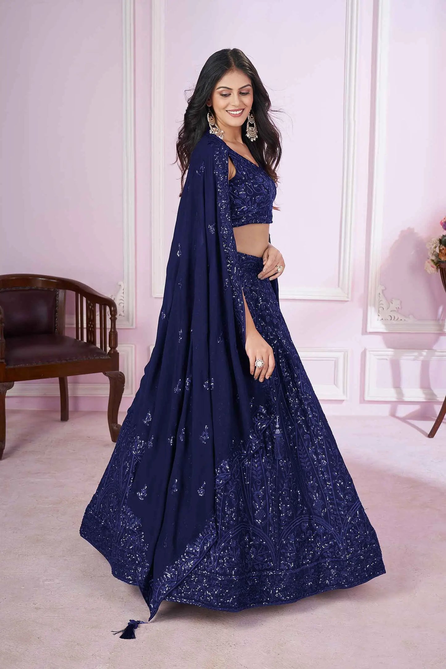 Navy blue georgette lehenga with sequin and thread embroidery PRISHA COLLECTION