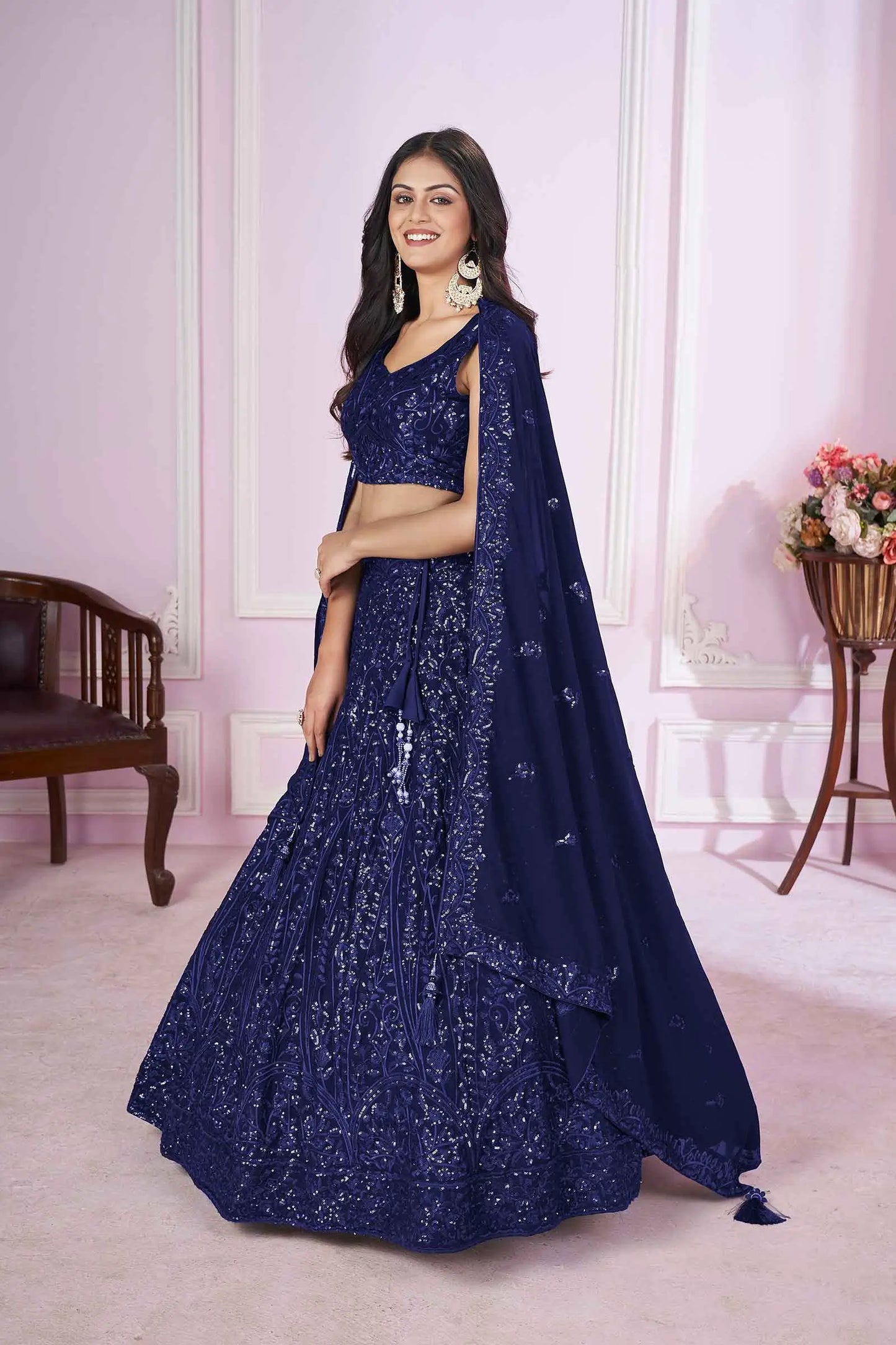 Navy blue georgette lehenga with sequin and thread embroidery PRISHA COLLECTION