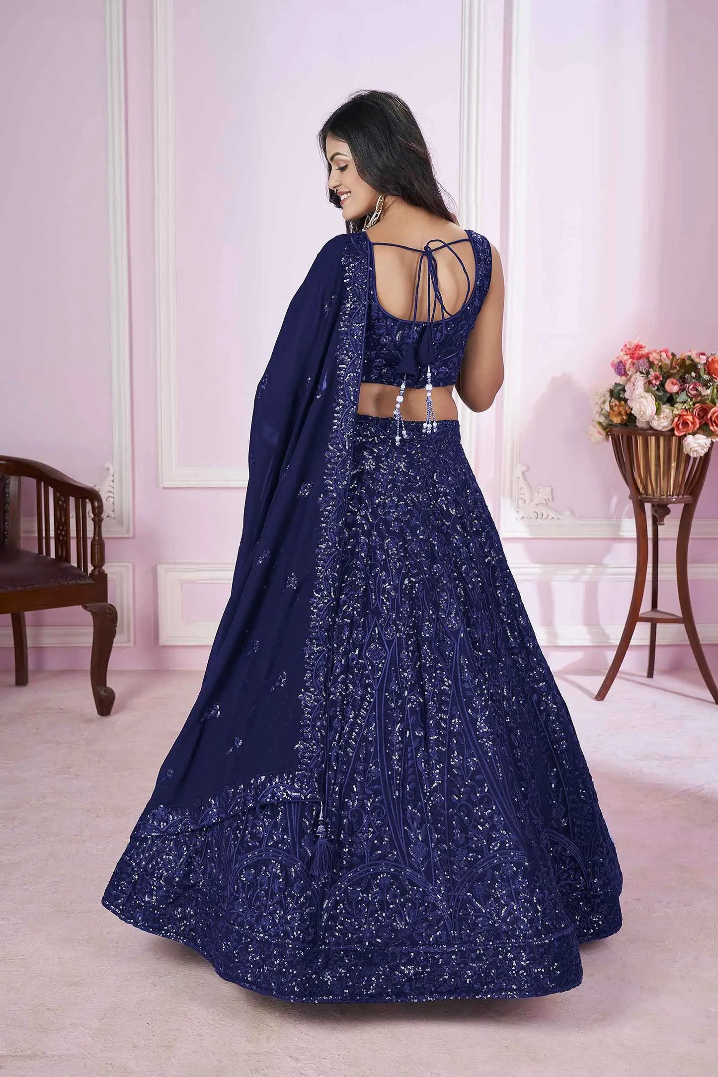 Navy blue georgette lehenga with sequin and thread embroidery PRISHA COLLECTION