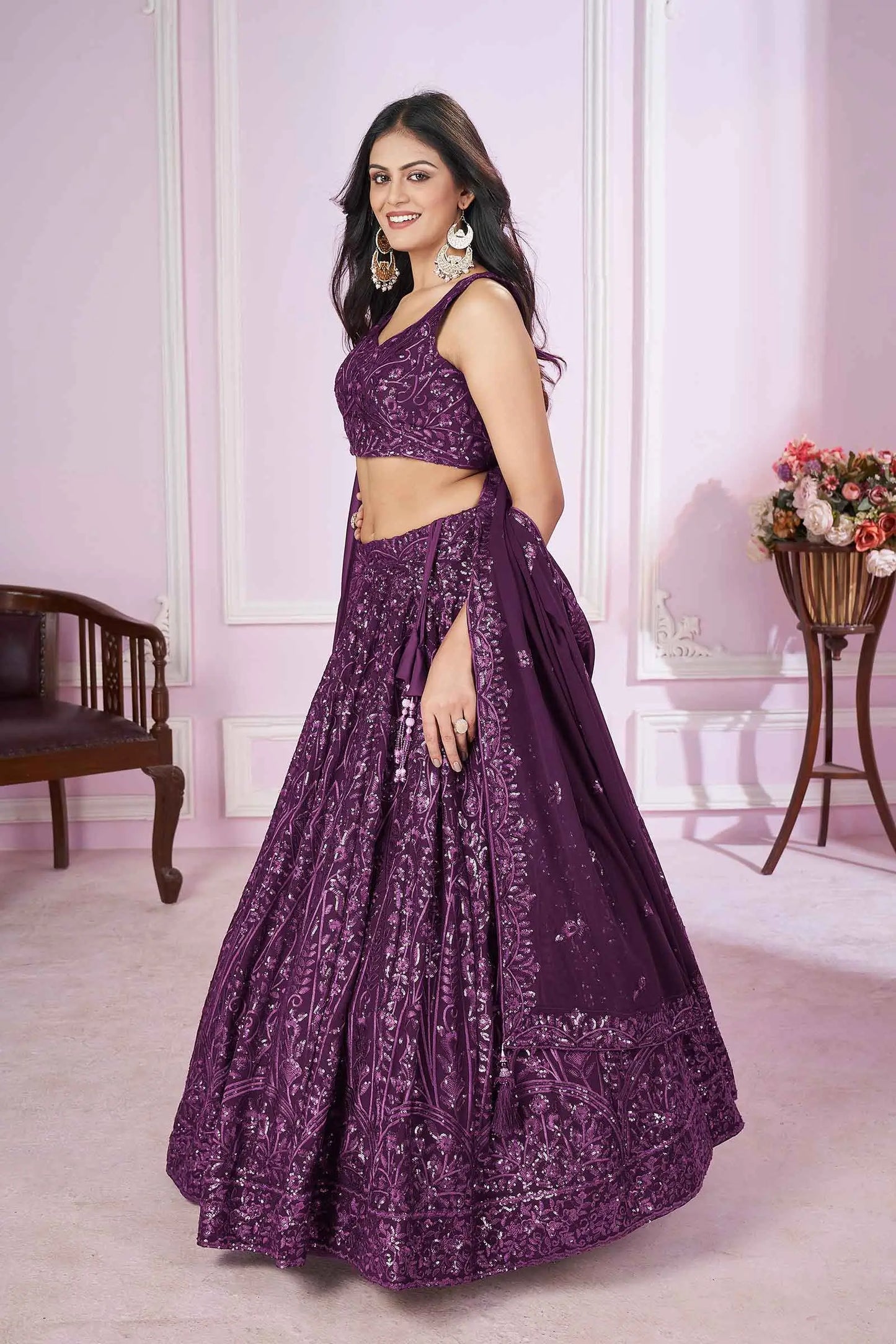 Dark Purple Georgette Lehenga with Sequin and Thread Embroidery PRISHA COLLECTION