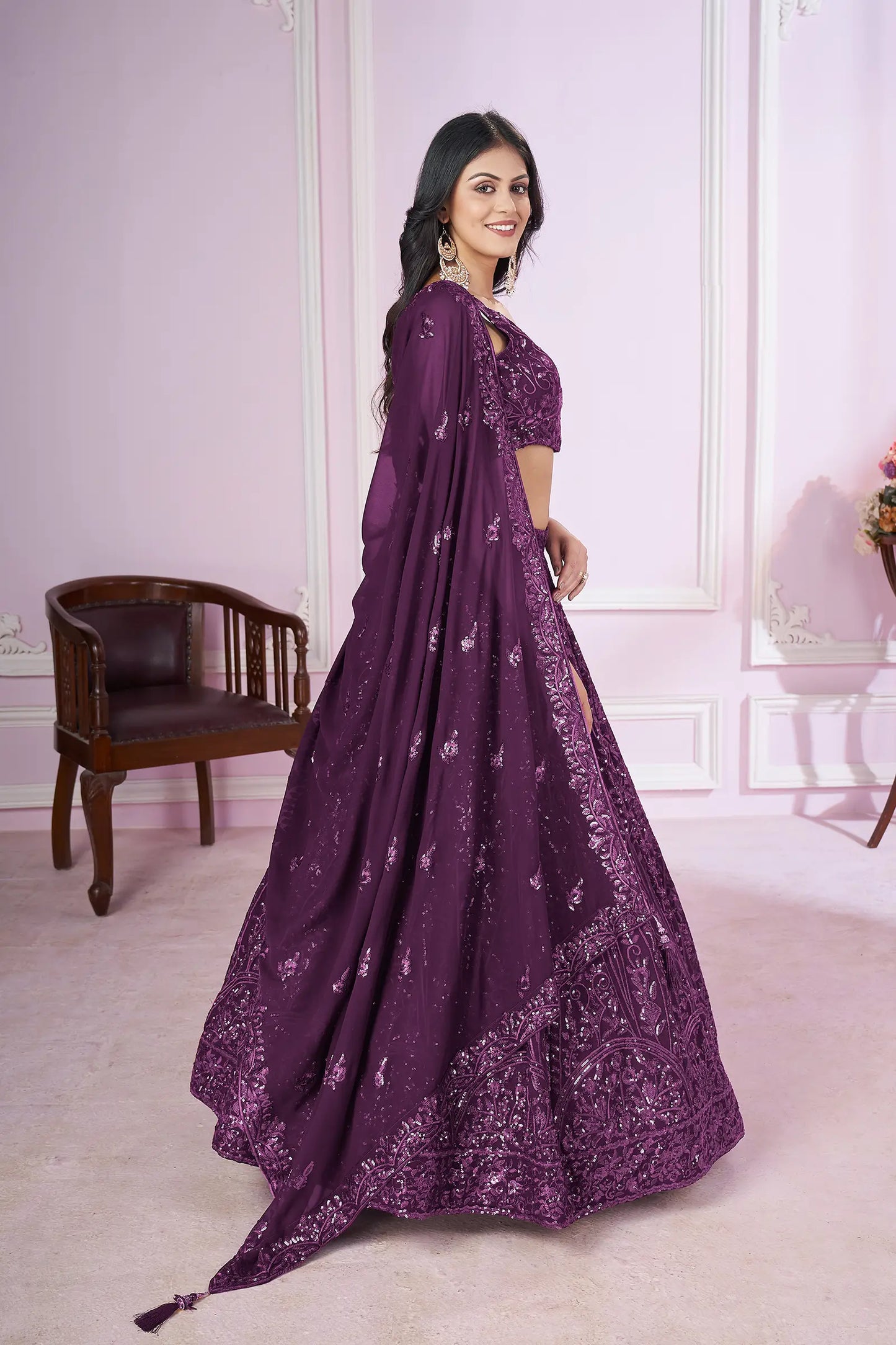 Dark Purple Georgette Lehenga with Sequin and Thread Embroidery PRISHA COLLECTION