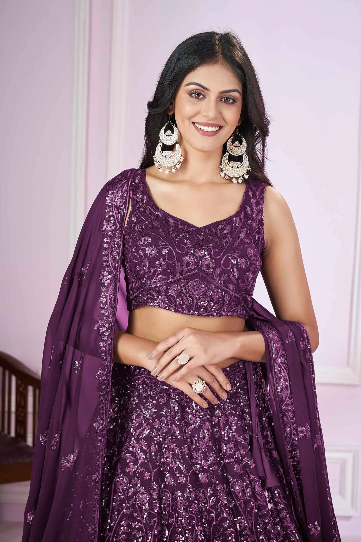 Dark Purple Georgette Lehenga with Sequin and Thread Embroidery PRISHA COLLECTION