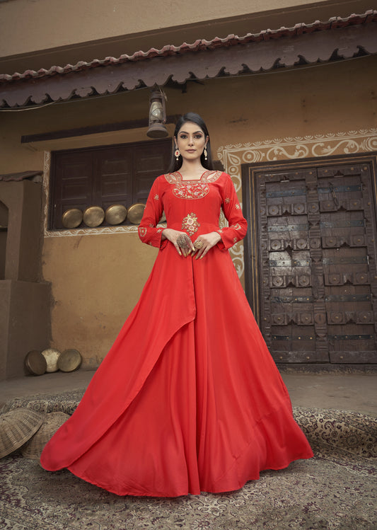Haut Kurta long orange vif manches longues avec broderies en Maslin