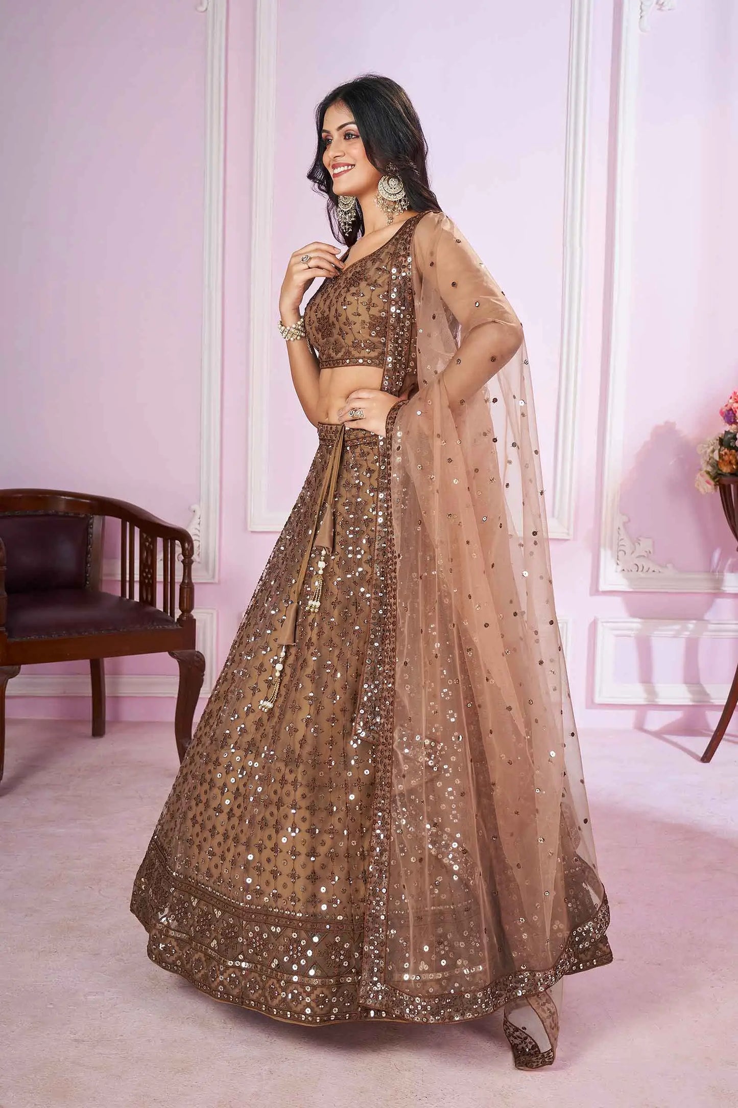 Brown Soft Tulle Lehenga with Sequin and Thread Embroidery Work PRISHA COLLECTION