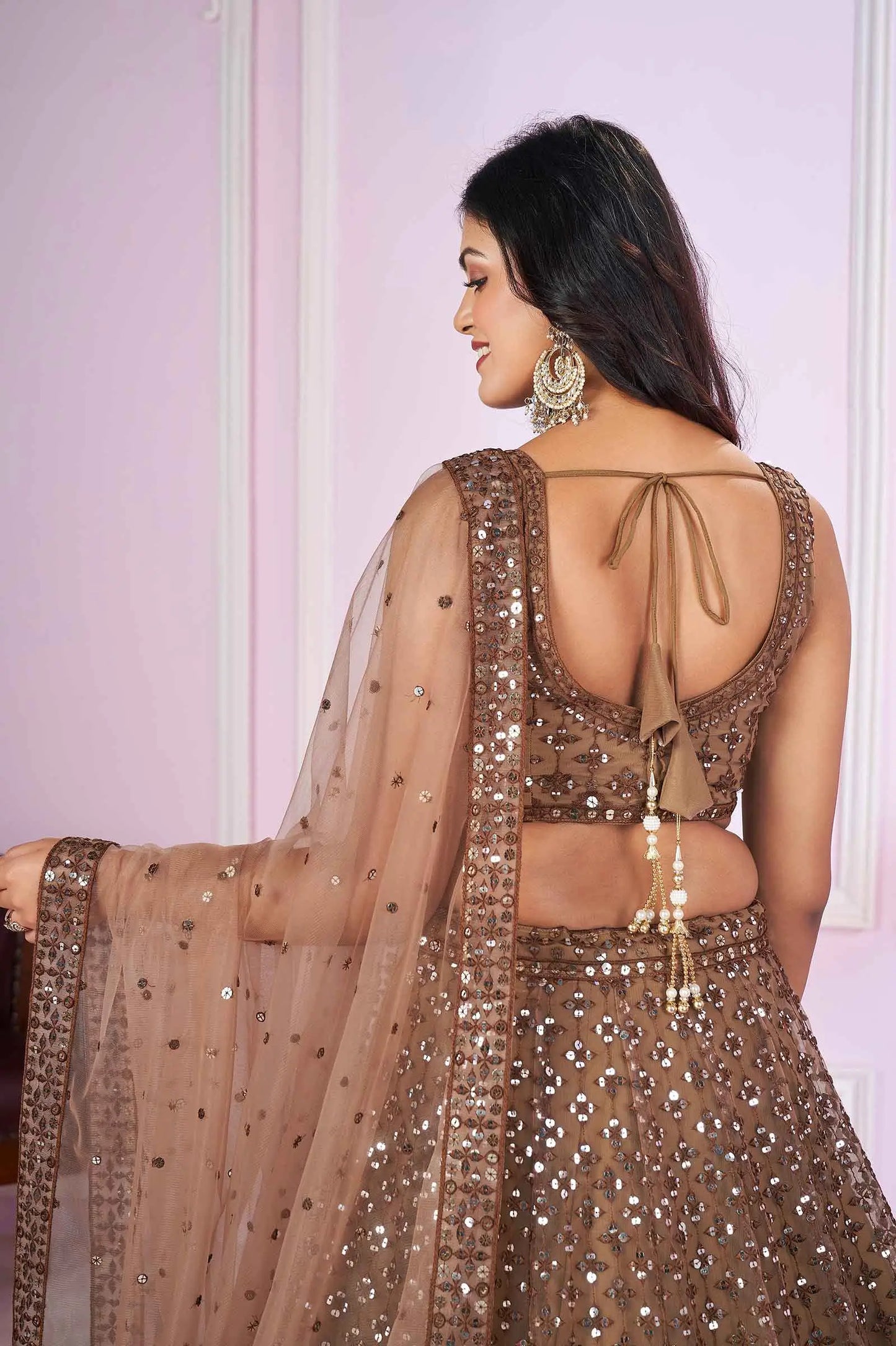 Brown Soft Tulle Lehenga with Sequin and Thread Embroidery Work PRISHA COLLECTION