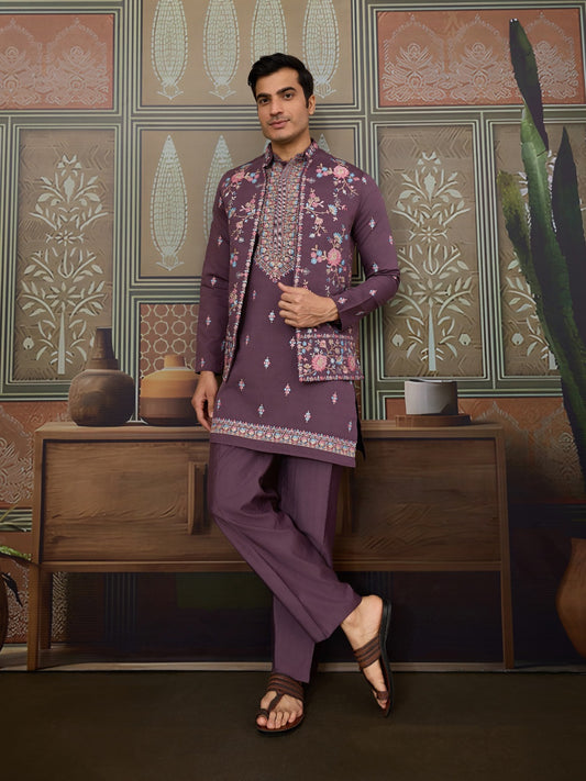 Ensemble Kurta Homme Veste Koti Violet Mauve avec broderies fleurs COLLECTION VINNY