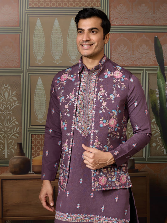 Ensemble Kurta Homme Veste Koti Violet Mauve avec broderies fleurs COLLECTION VINNY