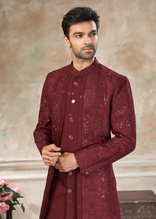 Ensemble Sherwani Homme Rouge Bordeaux avec Broderies et Sequins COLLECTION DHIMAN