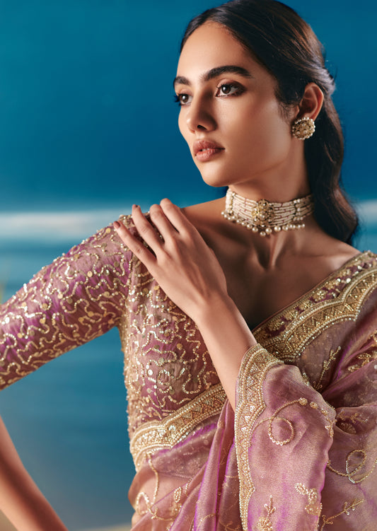 Sari rose gold aux broderies de sequins et pierres scintillantes COLLECTION ANVESHI