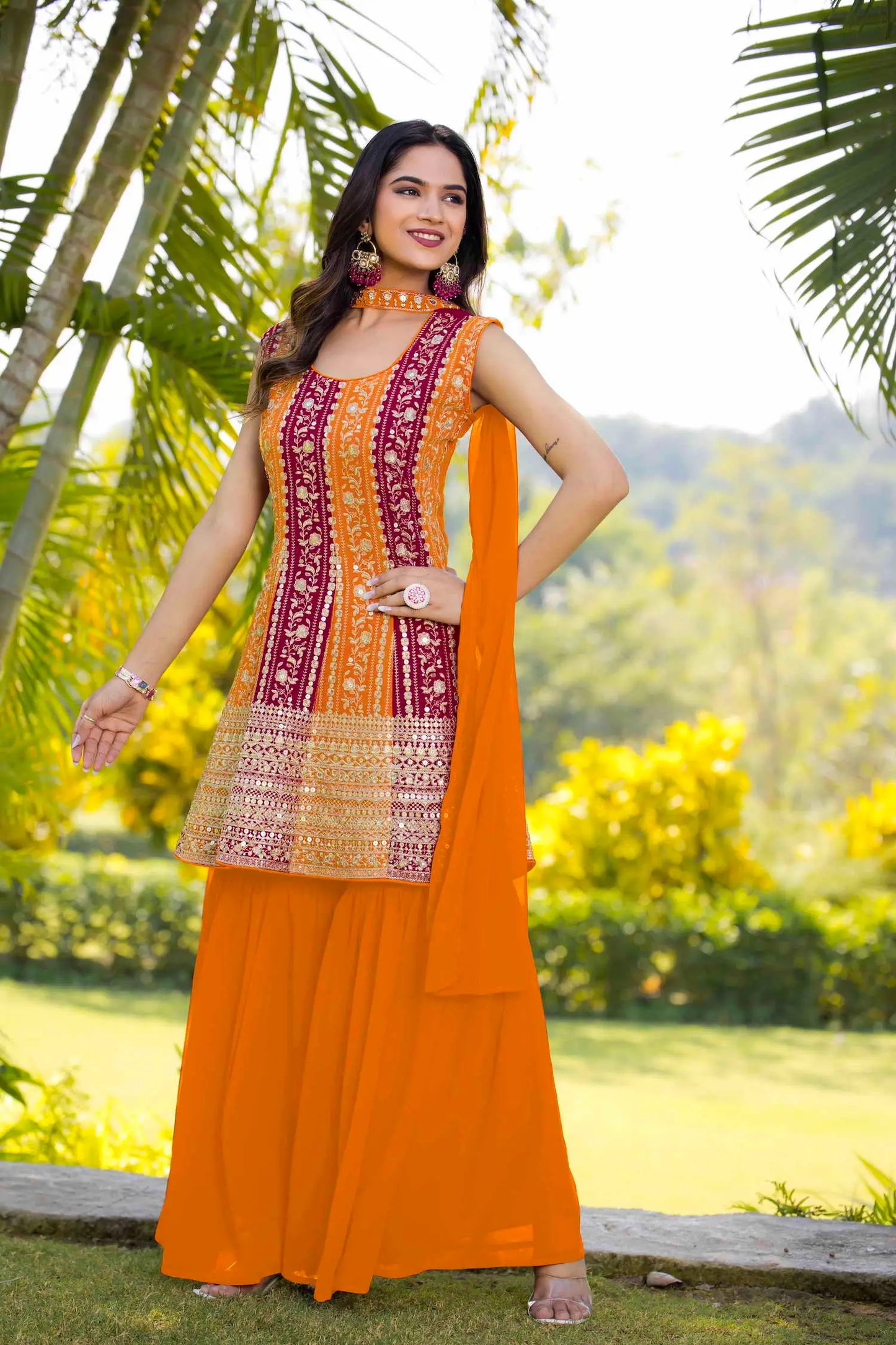 Ensemble Salwar Orange en Georgette | Broderies de Sequins