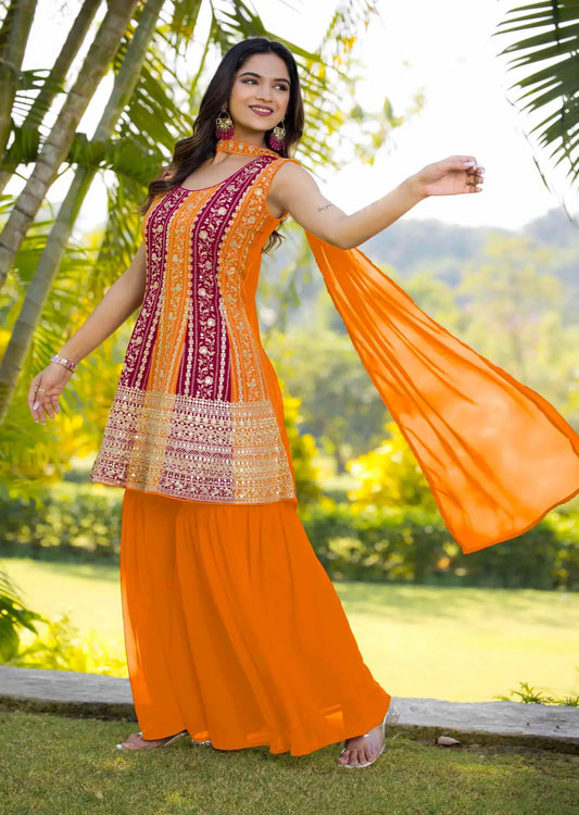 Ensemble Salwar Orange en Georgette | Broderies de Sequins