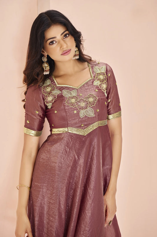 Kurta en Organza mauve  avec Broderie à la Main