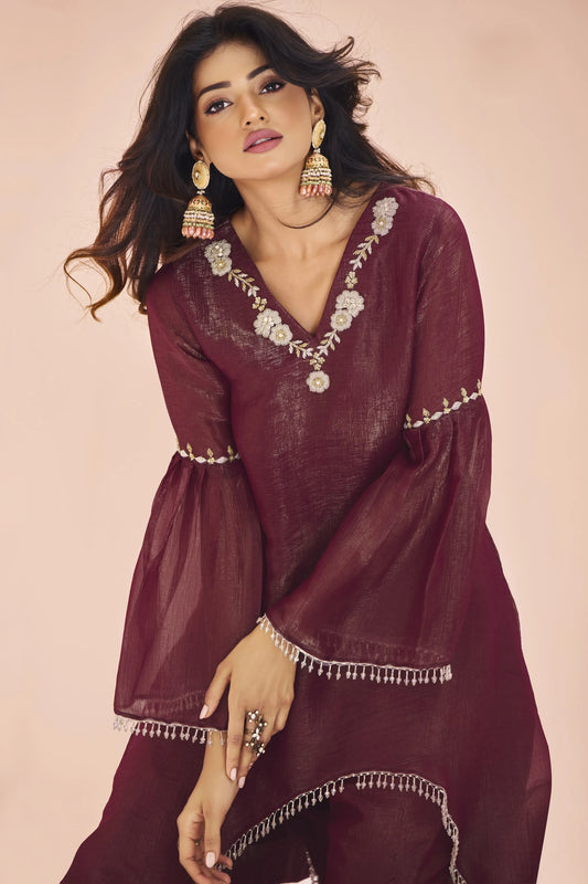 Salwar en organza bordeaux avec broderie à la main