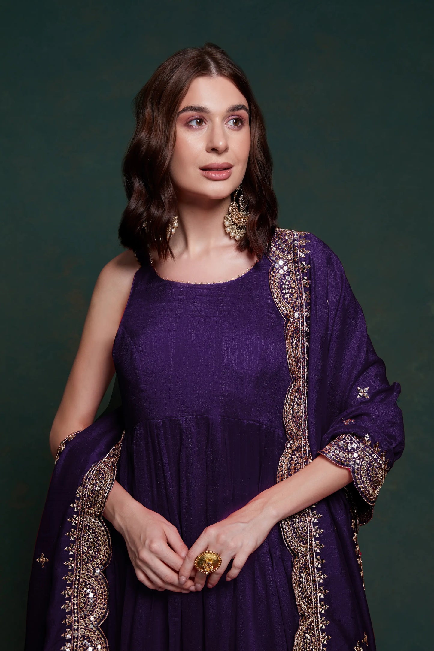Purple silk dress with zari and sequin embroidery, accompanied by a dupatta