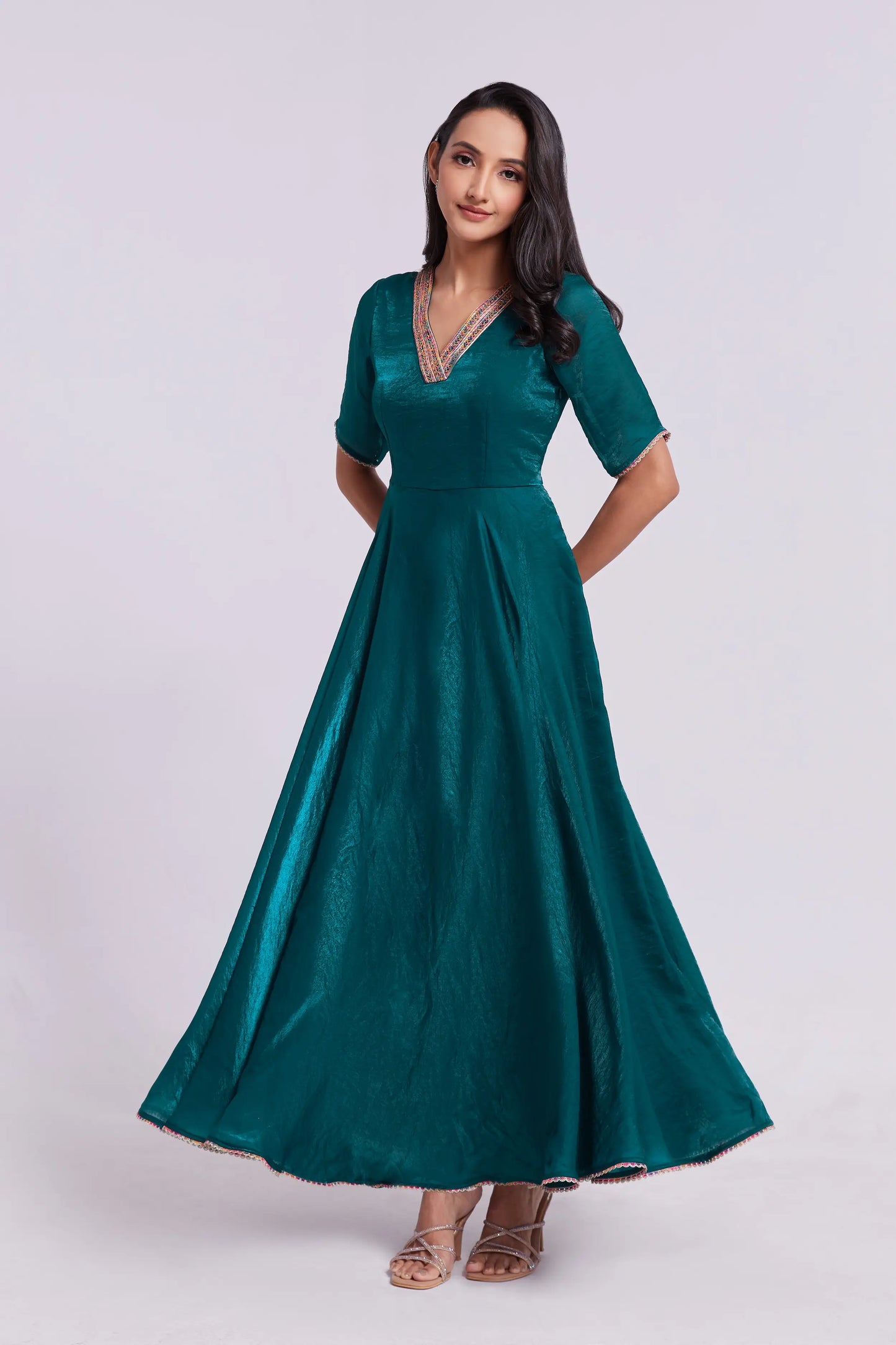 Peacock blue sheer organza long dress