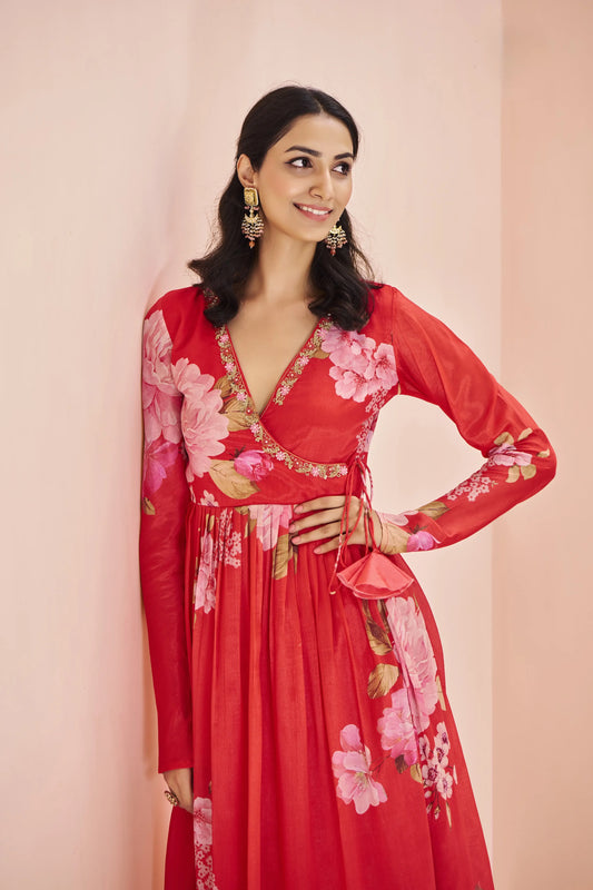 Ensemble Palazzo Rouge en Chinon Imprimé avec Broderie Artisanale