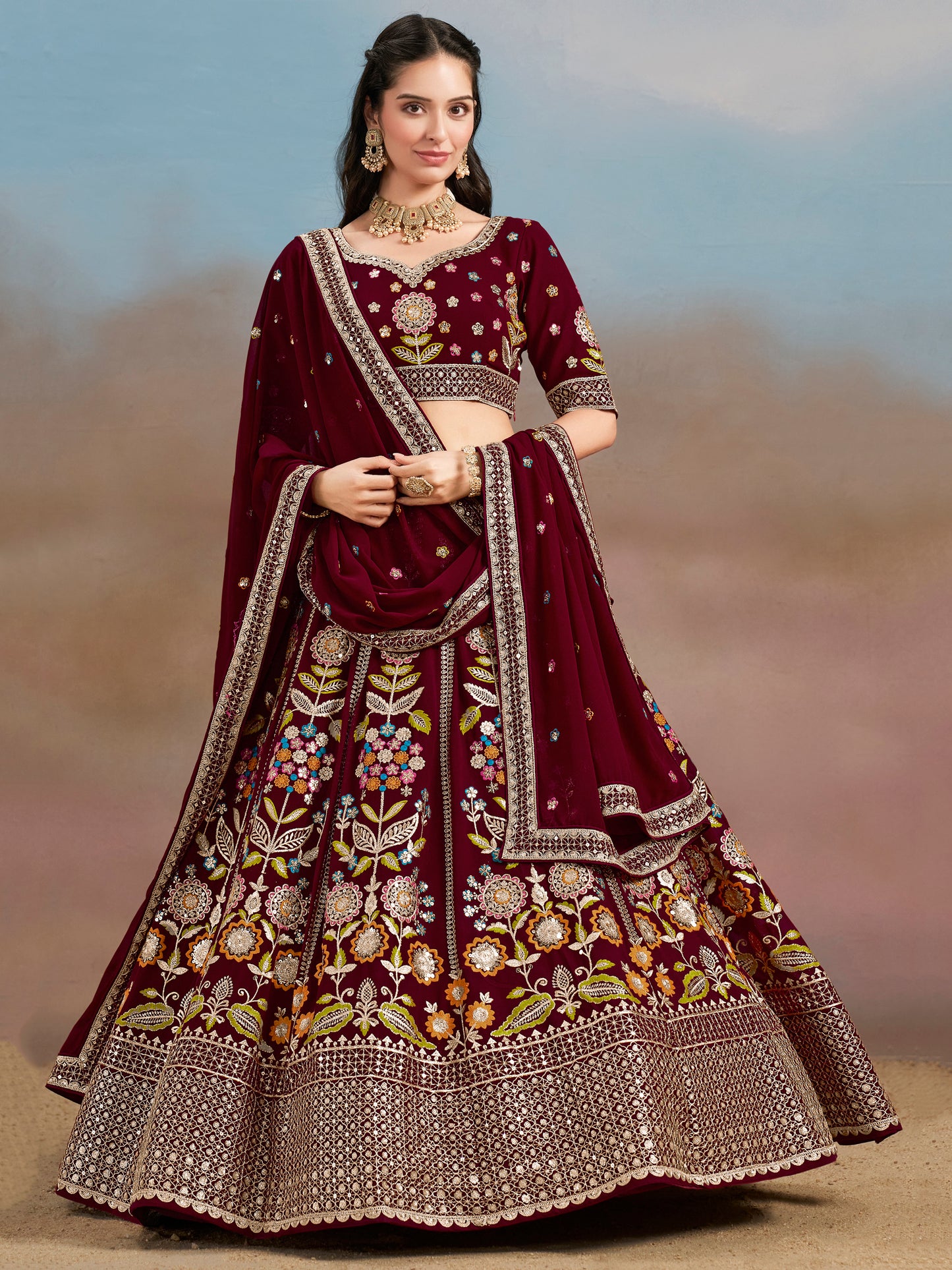 Rosa 3-teiliges Lehenga-Jacken-Set (Koti) mit Stickdetails
