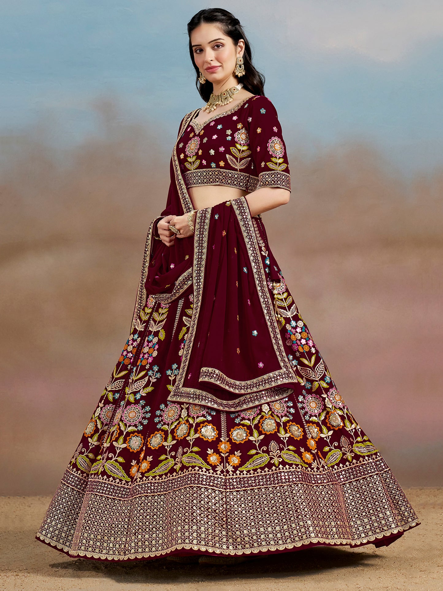 Rosa 3-teiliges Lehenga-Jacken-Set (Koti) mit Stickdetails