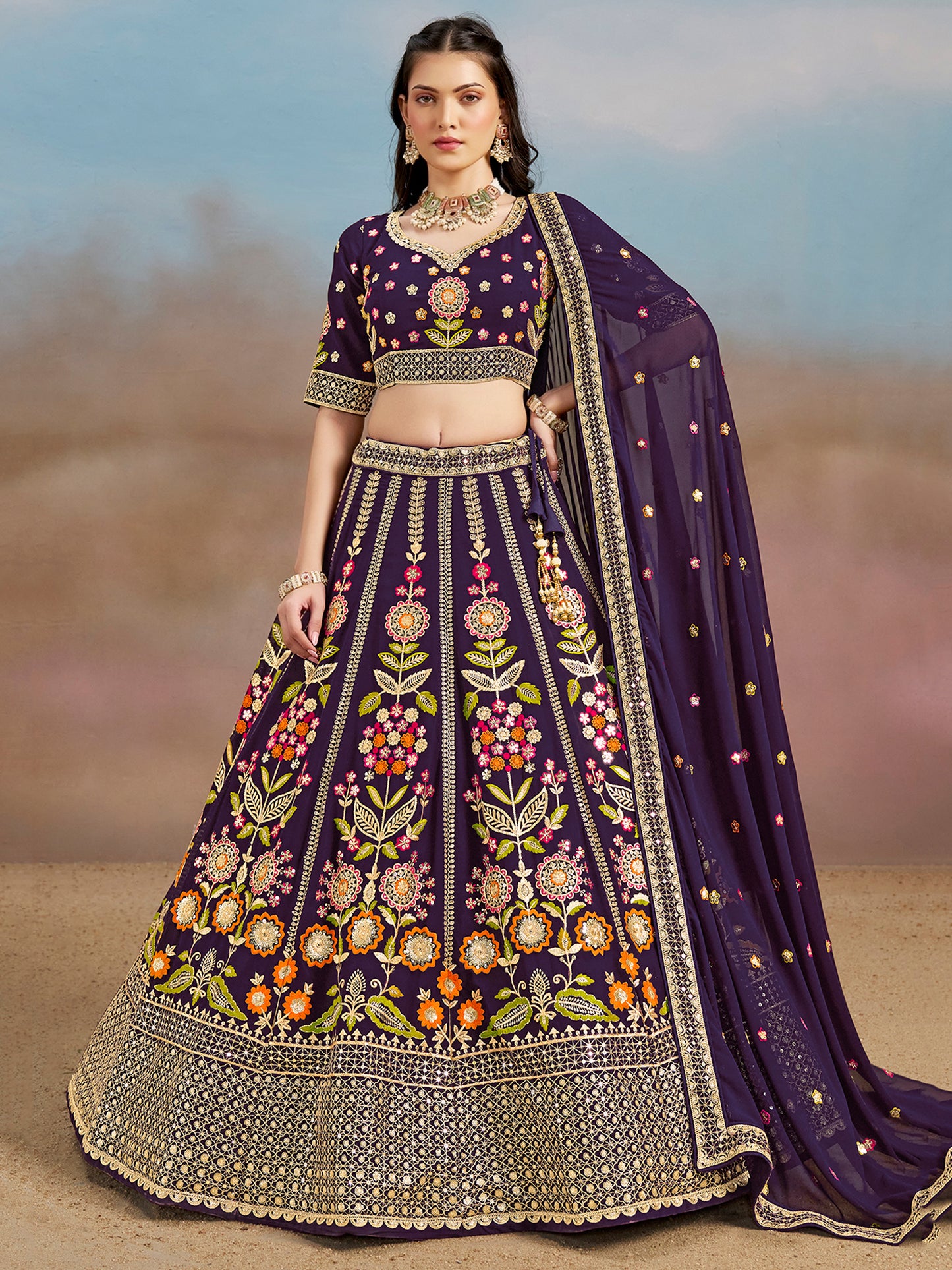 Rosa 3-teiliges Lehenga-Jacken-Set (Koti) mit Stickdetails