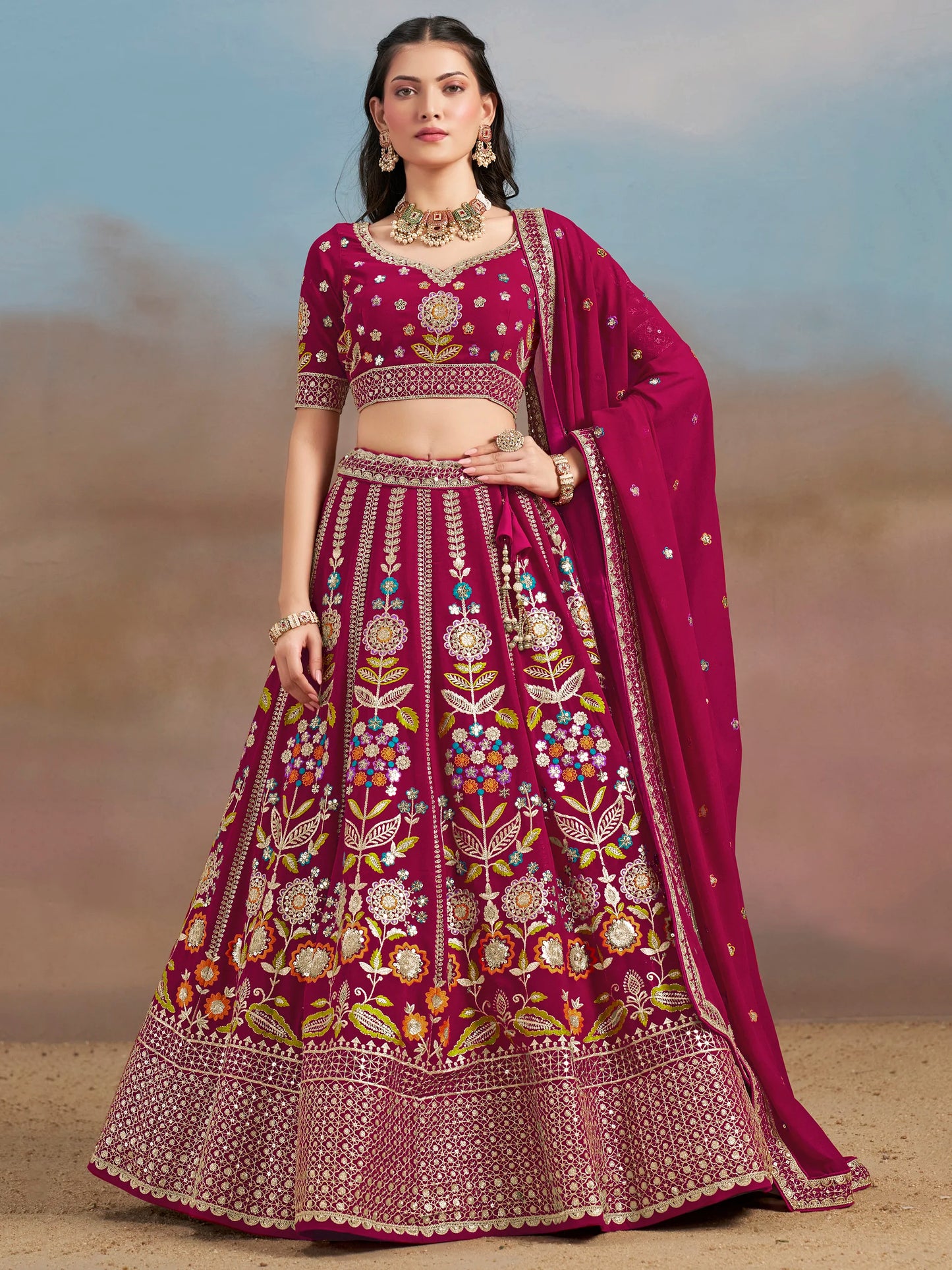 Rosa 3-teiliges Lehenga-Jacken-Set (Koti) mit Stickdetails