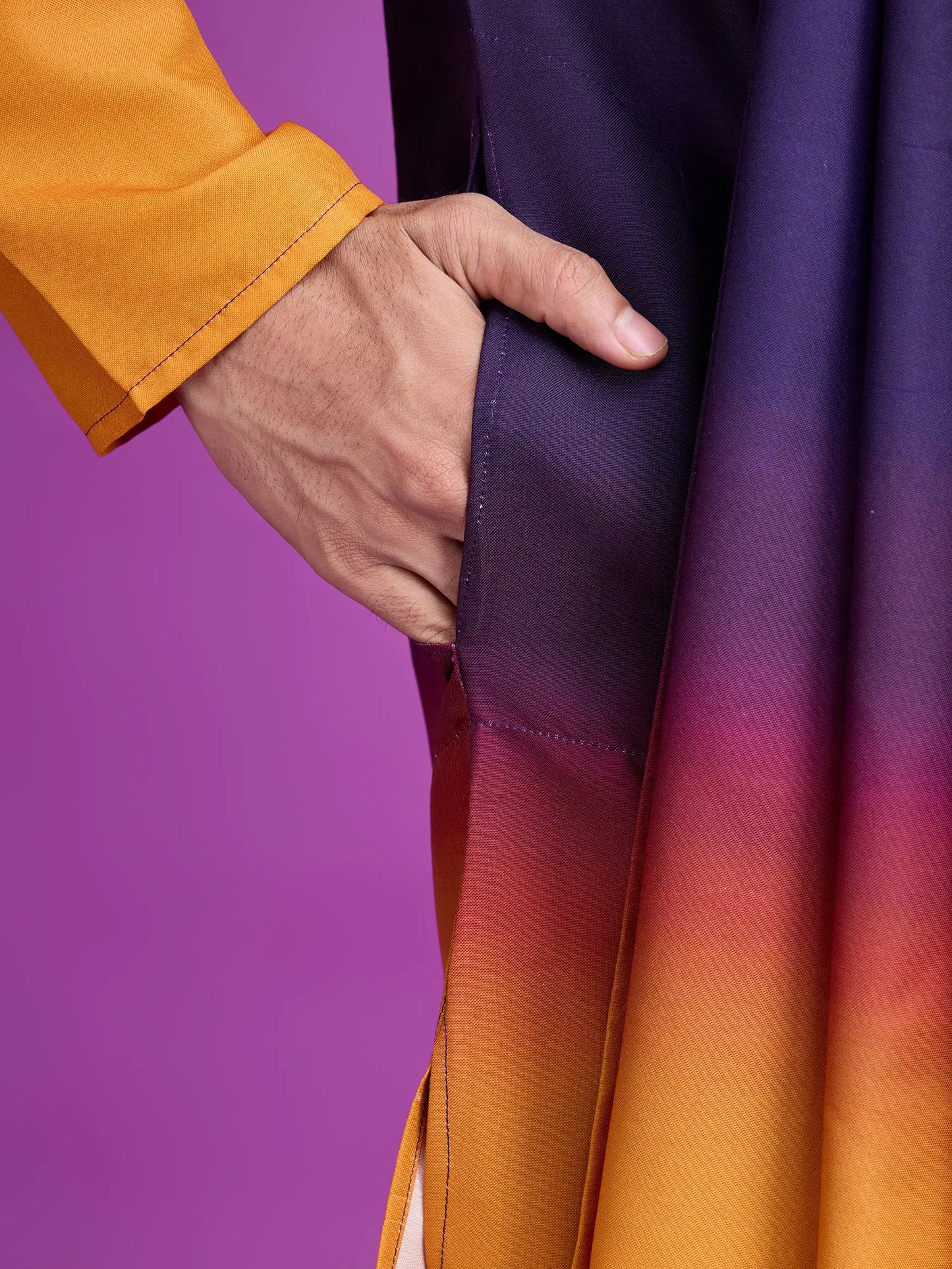 Lila und senffarbene Viskose-Kurta mit Handspiegelarbeit